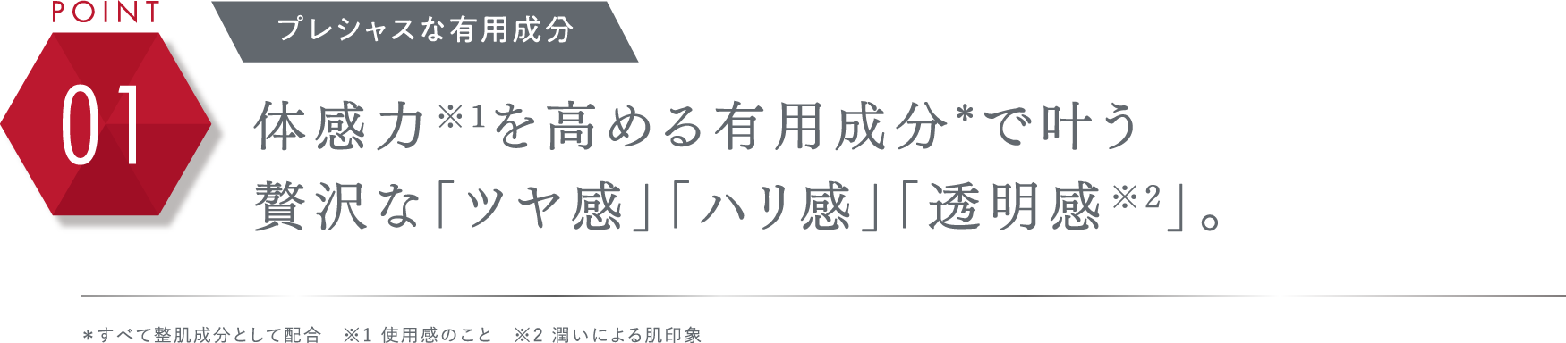 POINT 01 プレシャスな有用成分 体感力※1を高める有用成分*で叶う贅沢な「ツヤ感」「ハリ感」「透明感※2」。＊すべて整肌成分として配合 ※1 使用感のこと ※2 潤いによる肌印象