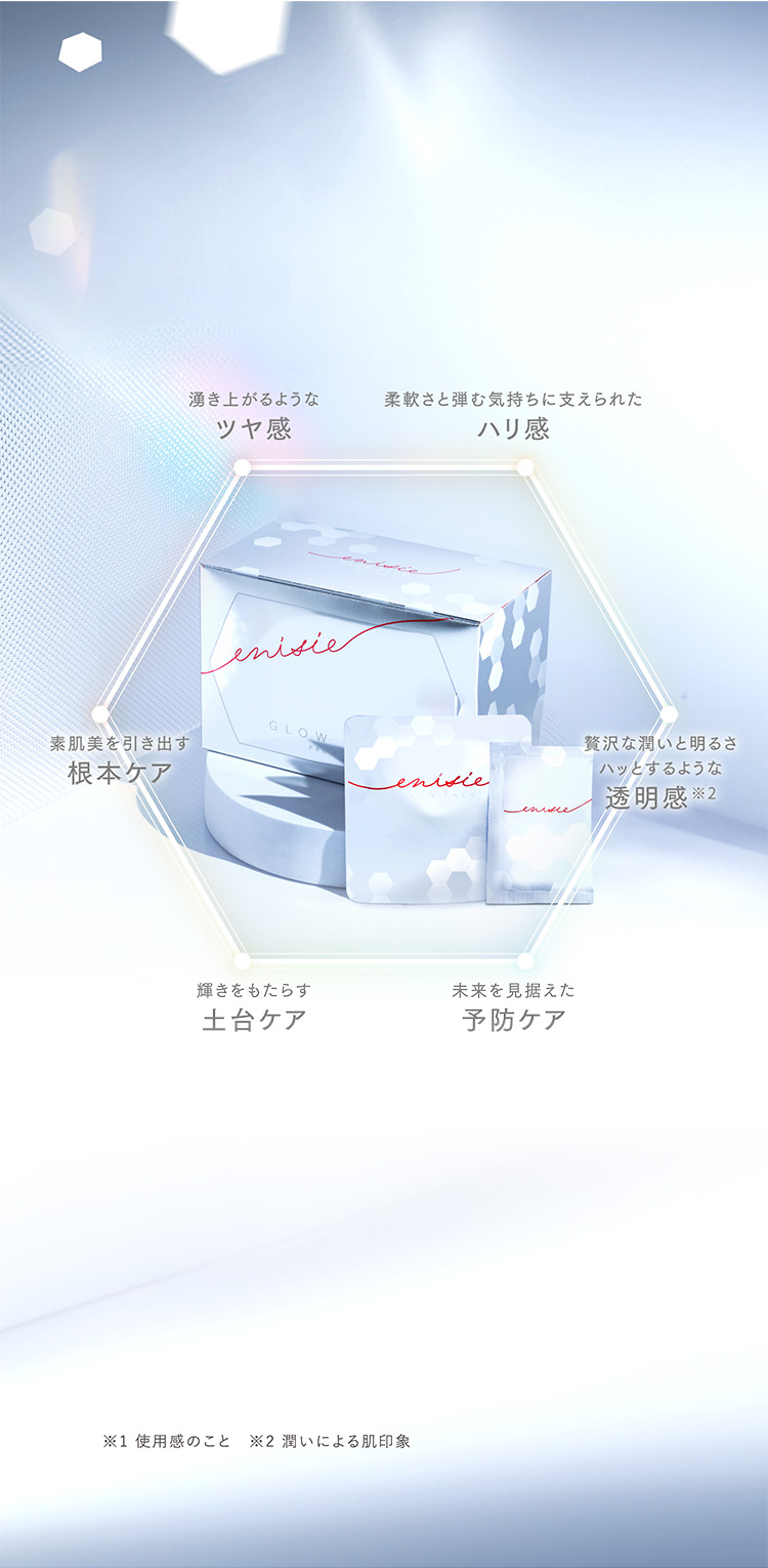 湧き上がるような ツヤ感 柔軟さと 弾む気持ちに支えられた ハリ感 贅沢な潤いと明るさ ハッとするような 透明感※2 未来を見据えた 予防ケア 輝きをもたらす 土台ケア 素肌美を引き出す 根本ケア ※1 使用感のこと ※2 潤いによる肌印象