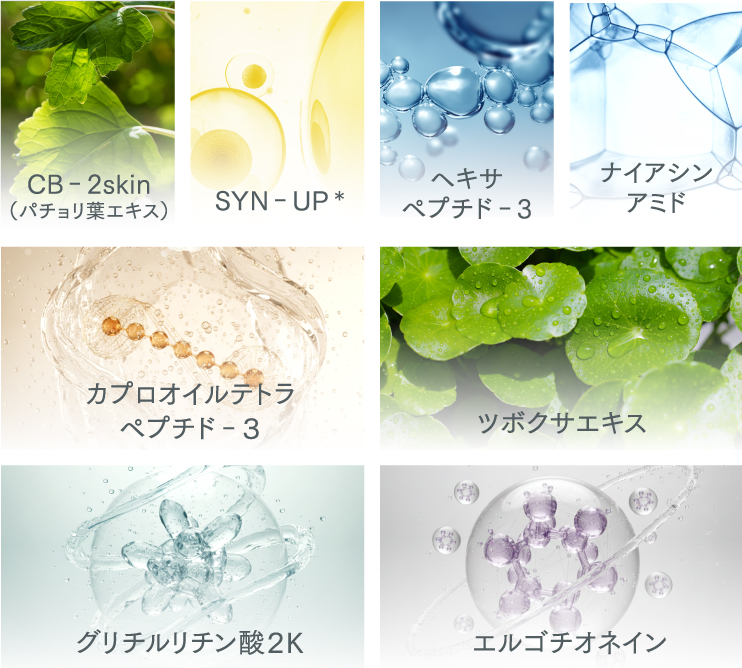 CB‐2skin（パチョリ葉エキス）SYN‐UP＊ ヘキサペプチド‐3 ナイアシンアミド カプロオイルテトラペプチド‐３ ツボクサエキス グリチルリチン酸２Ｋ エルゴチオネイン